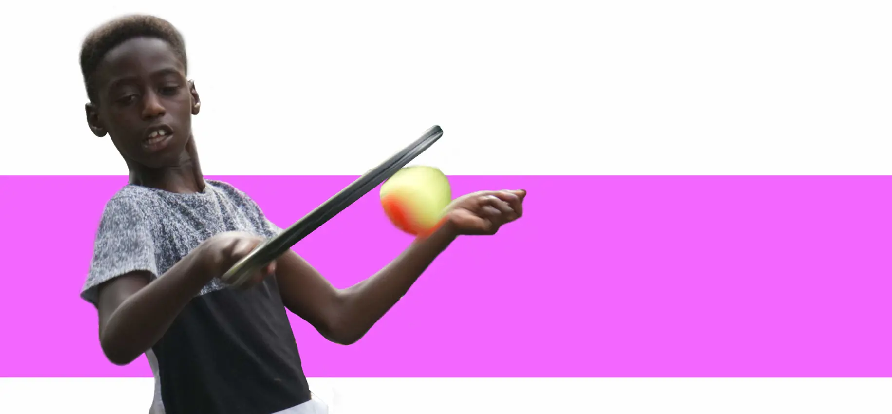 Boy with tennis racquet and ball, on white and purple