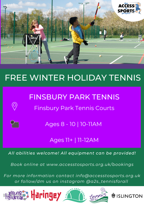 FREE WINTER HOLIDAY TENNIS - Finsbury Park Tennis Courts, Ages 8-10 and 11+